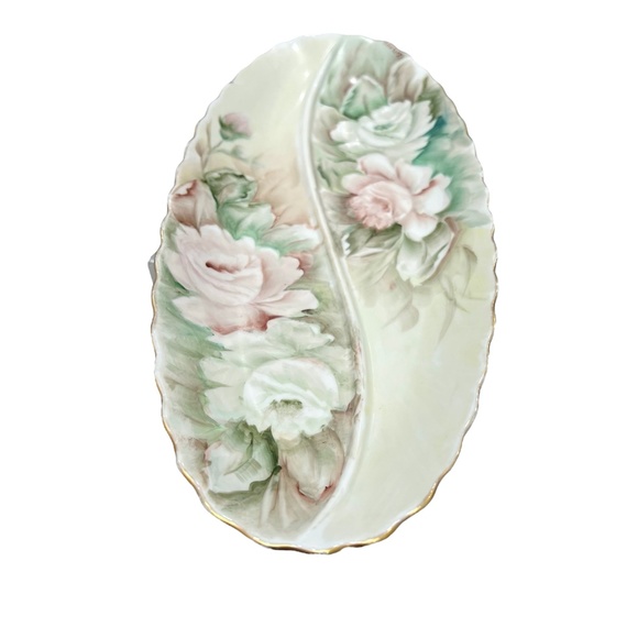 HAND PAINTED FLORAL PORCELAIN DIVIDED OVAL RELISH DISH - VINTAGE 1960s - Picture 12 of 16